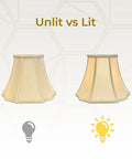 Flare Bottom Outside Corner Scallop Lamp Shade 8 x 14 x 11 Eggshell with Hand-Tailored Silk-Type Shantung, unlit vs lit view.