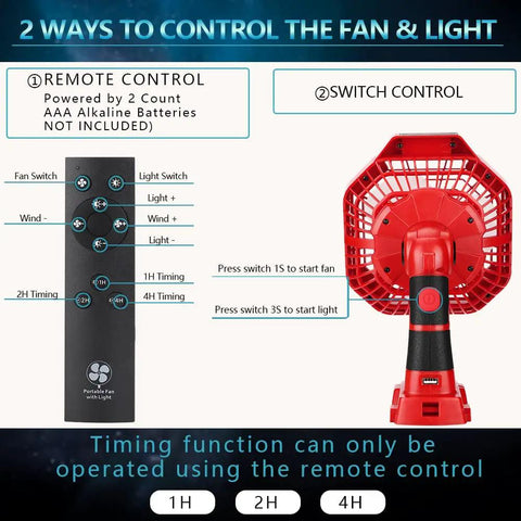 Cordless Jobsite Fan With LED Light And Remote Control 18V Battery Powered 3 Speed 4 Hour Timer Quiet Portable Fan For Camping Power Outages Repairs Battery Not Included showing fan and remote controls