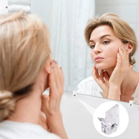 Heavy Duty Mirror Hangers With Screws Clear Plastic Wall Mount Clamps for frameless glass panels visible near bathroom mirror.