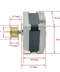 12V DC Nema 16 Stepper Motor With 39mm Frame 0.2N.m Torque 1.8 Degree Step 0.7A 2 Phase 4 Wire For CNC Machining And DIY Projects Includes 20 Tooth MXL Synchronous Pulley Wheel 5mm Shaft. Side view with pulley and dimensions.