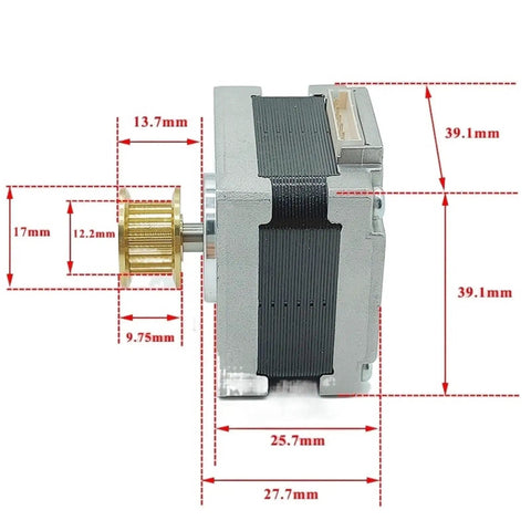 12V DC Nema 16 Stepper Motor With 39mm Frame 0.2N.m Torque 1.8 Degree Step 0.7A 2 Phase 4 Wire For CNC Machining And DIY Projects Includes 20 Tooth MXL Synchronous Pulley Wheel 5mm Shaft. Side view with pulley and dimensions.