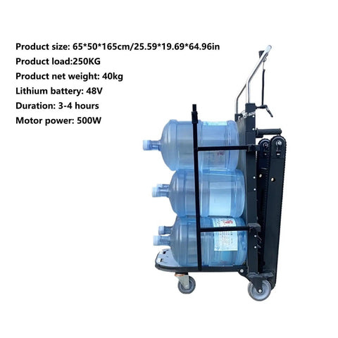 Heavy Duty Electric Stair Climbing Dolly Cart With 550 Lb Load Capacity And Powerful 500W Motor For Easy Moving Jobs Made Simple With Fast Charging Battery carrying three large water bottles