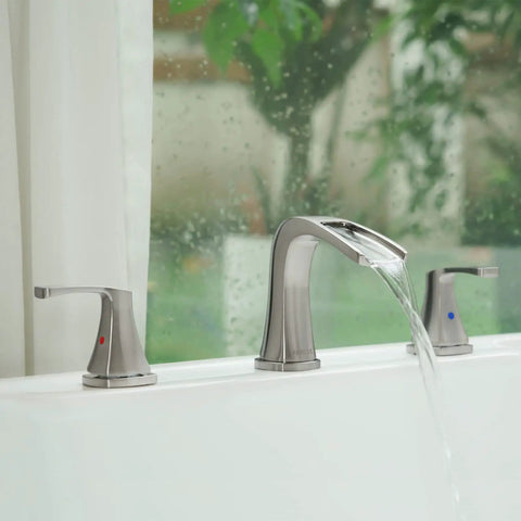 Two Handle Widespread Waterfall Roman Bathtub Faucet With Valve In Brushed Nickel Tub Filler For Luxury Bath 4.6 GPM Flow