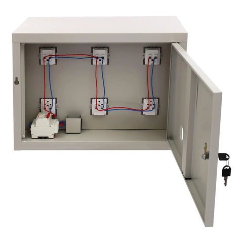Heavy Duty Steel Cell Phone Locker With Integrated Charging Station And Secure Keys Built Like A Tank interior view with USB ports and wiring.
