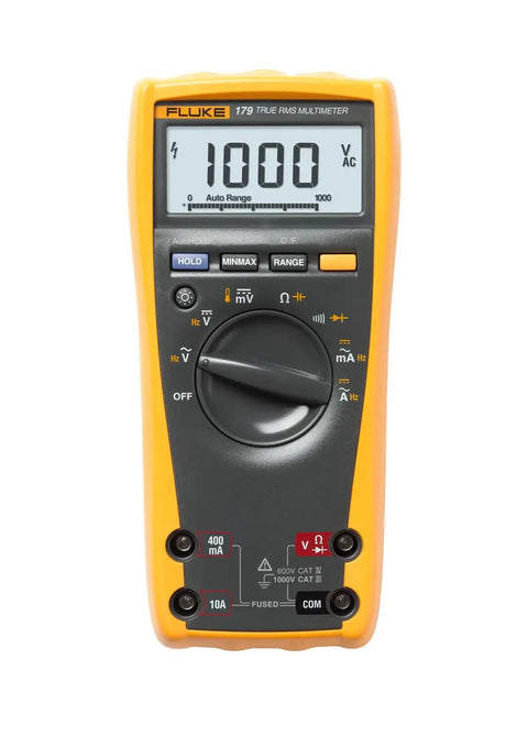 Pro Grade True RMS Digital Multimeter With Backlit Display And Built-In Temperature Probe, front view showing controls and display.