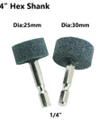 Two aluminum oxide grinding stones with 1/4 inch hex shanks showing diameters 25mm and 30mm. Ten Pack Of Super Durable Aluminum Oxide Grinding Stones With Easy Fit Hex Shank For Rotary Tools Drills And Grinders Perfect For Tough Grinding Sharpening And Polishing Jobs On Metal And More.