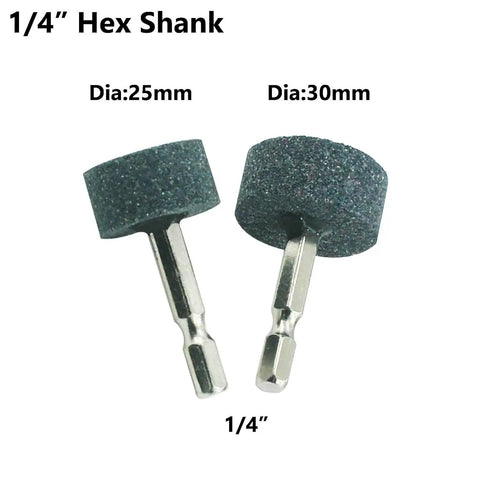 Two aluminum oxide grinding stones with 1/4 inch hex shanks showing diameters 25mm and 30mm. Ten Pack Of Super Durable Aluminum Oxide Grinding Stones With Easy Fit Hex Shank For Rotary Tools Drills And Grinders Perfect For Tough Grinding Sharpening And Polishing Jobs On Metal And More.