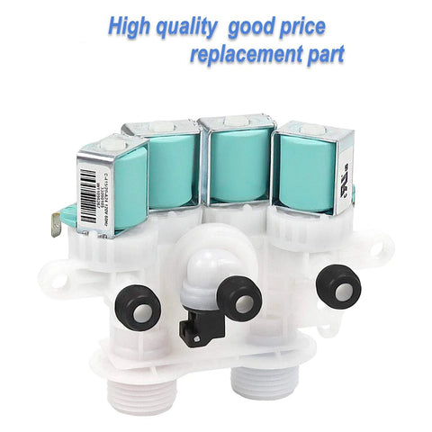 Washer water inlet valve assembly with four teal solenoids on white mounting, front view