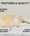 Beige Travertine Square Cabinet Knob Set Of 6 With Screws, showing premium natural travertine and durable brass base
