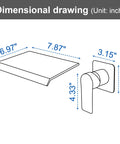 Wall Mount Bathtub Filler Faucet With Waterfall Flow, Roman Tub Filler, dimensional drawing with measurements and design
