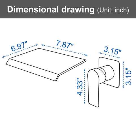 Wall Mount Bathtub Filler Faucet With Waterfall Flow, Roman Tub Filler, dimensional drawing with measurements and design