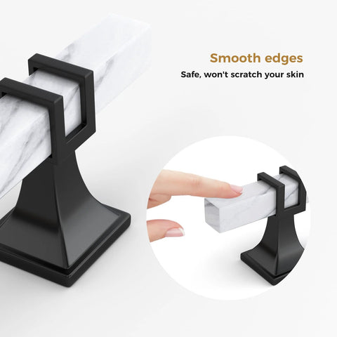 Close-up of Ten Pack White Marble Grain Kitchen Cabinet Knobs With Black T Bar Hardware showing smooth edges, zinc base, and aluminum handle.