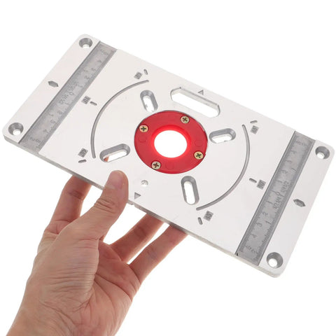 Person holding Router Base Plate For Trimming Machine And Engraving Tools, Aluminum Router Sled For Woodworking, Pro Grade Bench Milling Plate