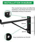 Installation diagram for Heavy Duty 16 Inch Shelf Brackets With Lip Tough Industrial Wall Mount Metal Storage Brackets For Indoor Outdoor Use Rust Resistant Includes Screws 2 Pack Black showing bracket structure and screw placement.