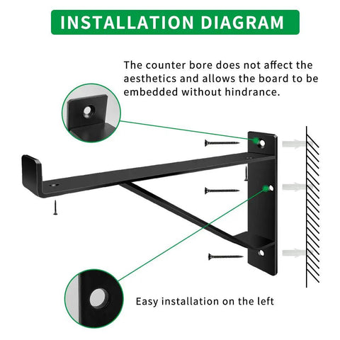 Installation diagram for Heavy Duty 16 Inch Shelf Brackets With Lip Tough Industrial Wall Mount Metal Storage Brackets For Indoor Outdoor Use Rust Resistant Includes Screws 2 Pack Black showing bracket structure and screw placement.