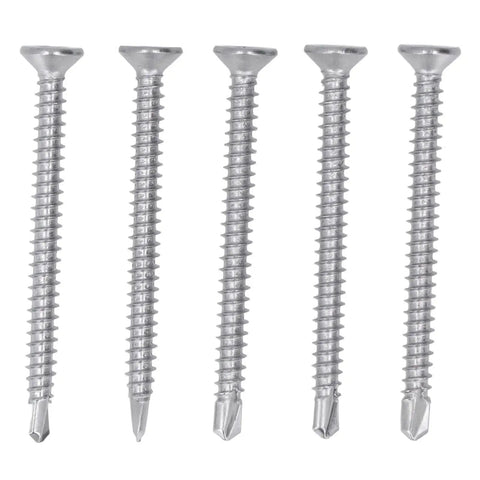200 Pieces Self Drilling Screw Set 410 Stainless Steel Heavy Duty Cross Countersunk Head Fasteners For Metal To Wood DIY Construction 50mm Length M4.2 18, five screws displayed