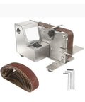 Straight Shooter Compact Orbital Belt Sander With Variable Speed Control And Stainless Steel Body is shown with sanding belts and hex keys.