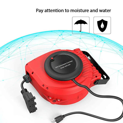Heavy Duty 50ft Retractable Extension Reel with 14AWG 3C SJTOW Cord Built Tough Triple Tap Outlet and swivel bracket