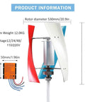 Heavy Duty 18000W Vertical Wind Turbine Kit For Home And Biz With 12V Controller shown with dimensions and specs