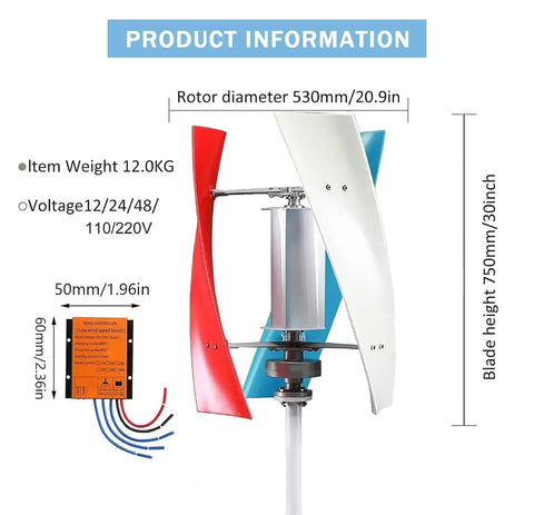 Heavy Duty 18000W Vertical Wind Turbine Kit For Home And Biz With 12V Controller shown with dimensions and specs