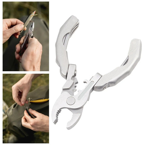 Folding Multitool Pliers 9 In 1 For Repairing And Survival On The Go shown in use for fishing and camping tasks