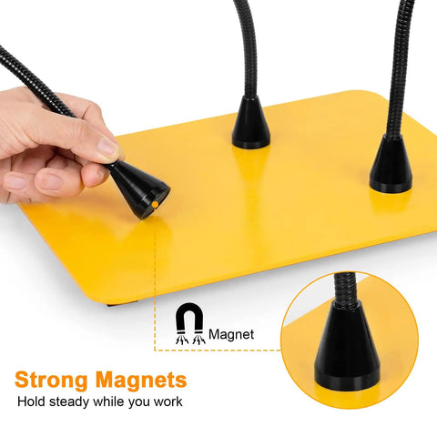 Magnetic Helping Hands Soldering Clamp with strong magnets on heavy duty yellow base plate for stability in projects.