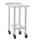 Pro Grade Stainless Steel Commercial Work Table With Wheels For Kitchens And Labs, 24x24 Inch Prep And Work Surface, Heavy Duty NSF Certified, Mobile Casters, Two Inch Backsplash, Rust Resistant And Easy To Clean. Front view of work table with wheels.