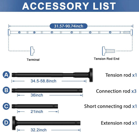 Accessory list for 32 to 90 inch adjustable tension curtain rod in black no drill easy install with rod dimensions shown.
