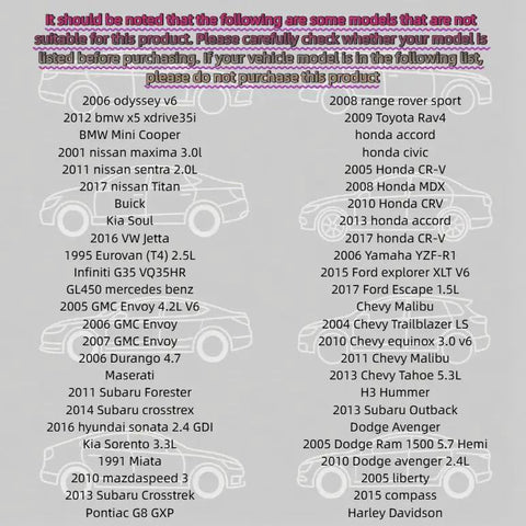 List of incompatible vehicle models for the Straight Plug Play Camshaft Position Sensor installation guide.
