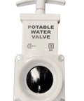Front view of a Fresh Water Gate Valve 1-1/2 Inch Spigot To Slip Connection PVC Drain Valve for RVs, white and corrosion resistant.