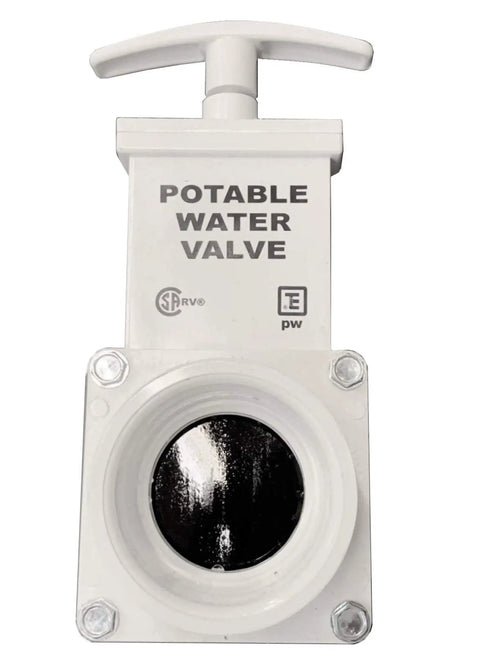 Front view of a Fresh Water Gate Valve 1-1/2 Inch Spigot To Slip Connection PVC Drain Valve for RVs, white and corrosion resistant.