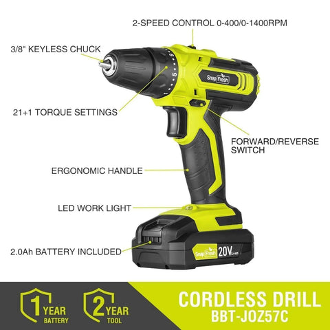 20V Cordless Drill Set With 3 By 8 Inch Chuck All In One Dual Speed LED Light 43 Piece Bit Kit Impact Driver Included