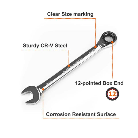 9/16 Inch Ratcheting Combination Wrench SAE Industrial Grade Gear Spanner With 12-Point Design 72-Tooth Ratchet In Chrome Vanadium Steel