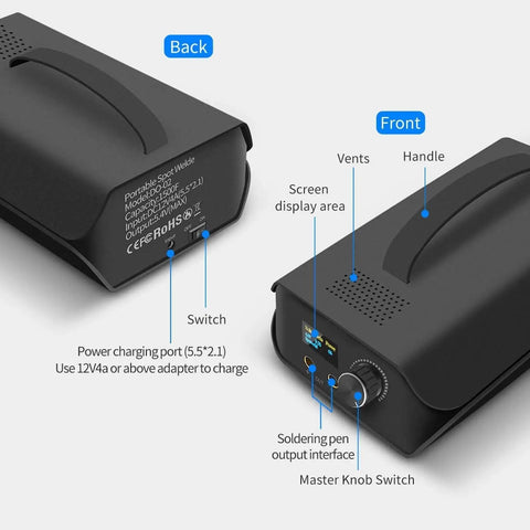 Portable Capacitor Spot Welder With Crisp LCD Display And 120 Pulse Controls For Effortless 18650 Battery Packing And Slim Nickel Strips showing front and back features.