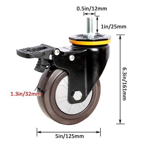 Heavy Duty Rubber Swivel Casters Bring Chill Smooth Rolling Action And Foolproof Double Locking Security With Easy M12 Thread Swap For Hassle Free Cart Restoration And Everyday Moves, showing dimensions and swivel design.