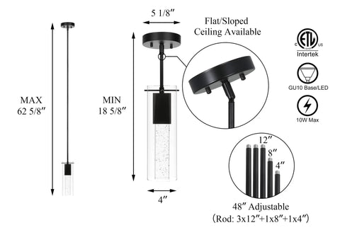 Modern Black Kitchen Pendant Light With Square Glass Shade And Bubble Crystal Column Hardwired Ceiling Fixture LED Bulb Included