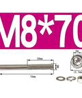 Beefy Hex Socket Head Cap Screws And Nuts Kit For M6 And M8 Semi Threaded Allen Bolts 304 Stainless Steel M8x75 20 Sets For Indoor And Outdoor Projects Great For Mechanical DIY And Auto Repairs, M8x70 dimensions shown
