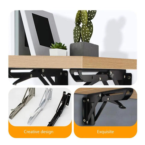Premium Black Corner Shelving Brackets Wall Mount Storage Heavy Duty Steel Folding Shelf Supports with wood and plants.
