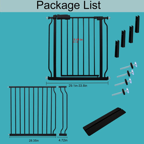 Package components of Extra Wide Pressure Mounted Baby Gate For Stairs And Openings, includes gate panels, extensions, and hardware.