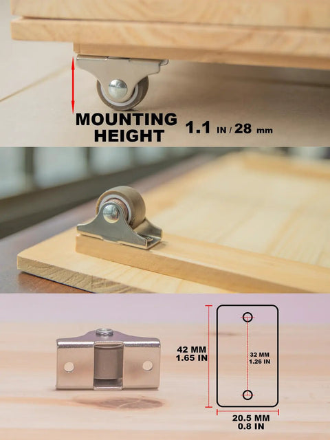 1 Inch Rigid Caster Wheels 4 Pack Non Swivel Single Direction Low Profile Silent TPE Rubber with 1.1 in mounting height.