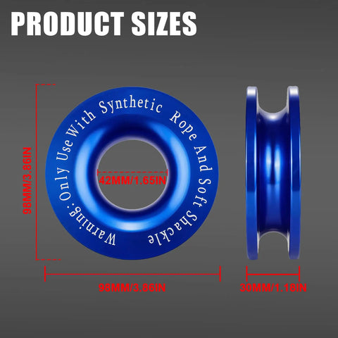 Beefed Up Winch Snatch Recovery Ring For ATV UTV SUV Off Road Trucks Aluminum Alloy With 66000 Pound Breaking Strength Rust Proof And Wear Resistant Rescue Gear For Easy Vehicle Recovery, 98mm size, blue side view