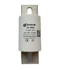 High Voltage DC Fast Fuse For Electric Vehicles With 500 Amp And 800 Volt Rating featuring white ceramic housing and metal terminals.