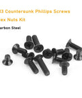 M3 Screws Kit With 360 Pieces Including 210 Black Countersunk Phillips Head M3 Screws In 0.5mm Pitch Across 4mm 6mm 8mm 10mm 12mm 16mm And 20mm Lengths Plus 150 M3 Hex Nuts For 3D Printers Robots RC Models DIY Projects Makers And Hobbyists displayed on white background
