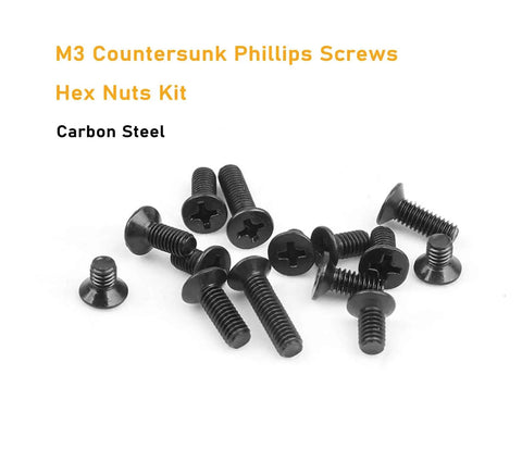M3 Screws Kit With 360 Pieces Including 210 Black Countersunk Phillips Head M3 Screws In 0.5mm Pitch Across 4mm 6mm 8mm 10mm 12mm 16mm And 20mm Lengths Plus 150 M3 Hex Nuts For 3D Printers Robots RC Models DIY Projects Makers And Hobbyists displayed on white background