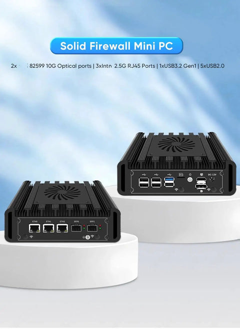 Intel N300 Mini Pc Firewall Router Knockout Build With 2X 10GbE Sfp Plus And 3X 2.5GbE Lan Opnsense Pfsense Esxi Appliance Aes Ni Auto Power On Dual Drive Bays rear and front view showing ports and design