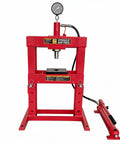 Front view of Beefy 10 Ton Welded H Frame Shop Press With Adjustable Crossbeam And 12 Inch Stroke, Manual Pump, Includes Press Plates