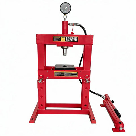 Front view of Beefy 10 Ton Welded H Frame Shop Press With Adjustable Crossbeam And 12 Inch Stroke, Manual Pump, Includes Press Plates