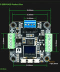 MKS SERVO42D servo driver board with blue terminal block and green screw terminals, black PCB, front view