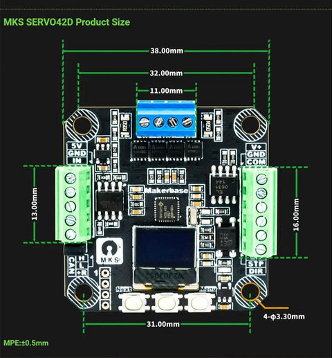 MKS SERVO42D servo driver board with blue terminal block and green screw terminals, black PCB, front view