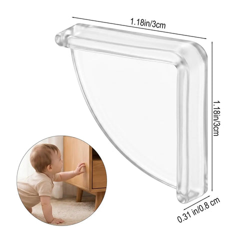10 Pack Clear Corner Protectors For Tables Cabinets And Windows Soft PVC Edge Guards Bumpers To Shield Sharp Furniture Edges With Easy Adhesive Install 1.18 By 1.18 By 0.31 Inches showing clear protector dimensions with inset of toddler near cabinet.
